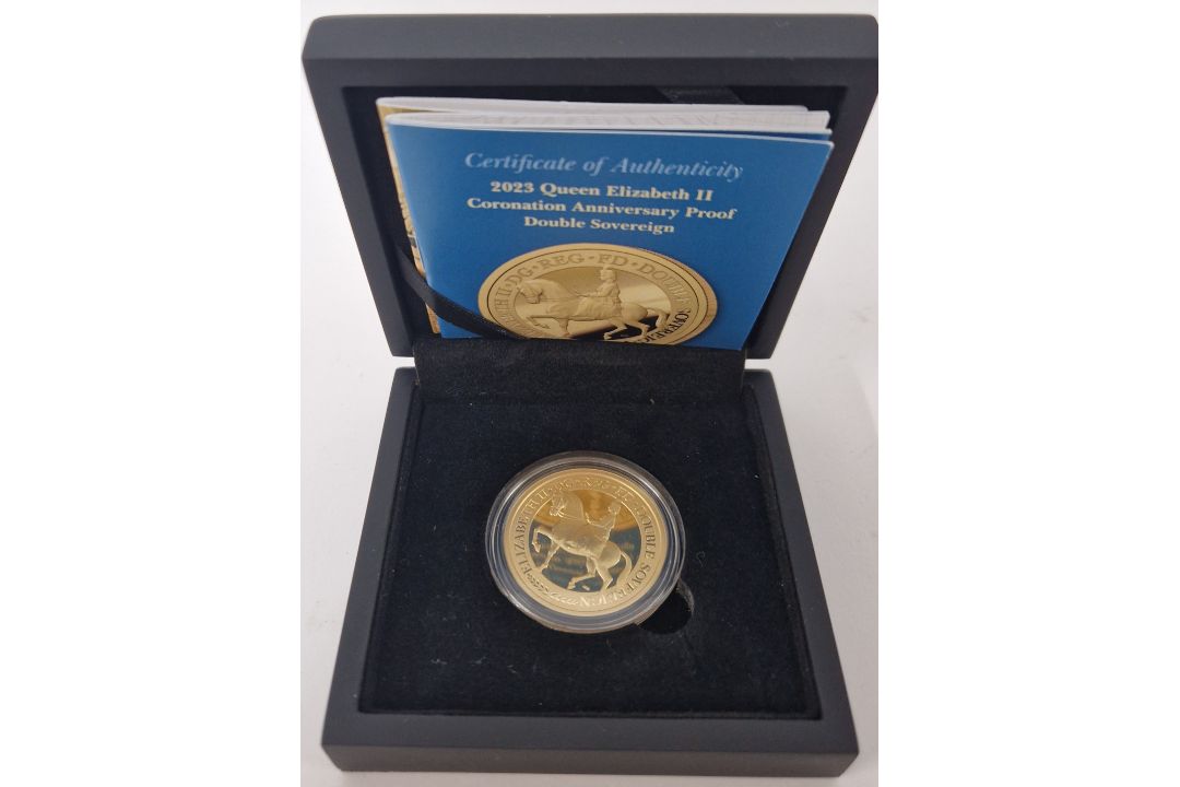 A Queen Elizabeth II Coronation anniversary Double Sovereign, Charles III, 2023, Hatton's of London,