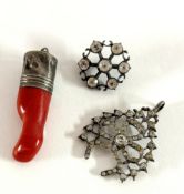 A silver and coral? Pendant together with two costume jewellery brooches.