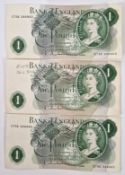 A set of three consecutive £1 notes, Elizabeth II, to include an error note printed with no serial