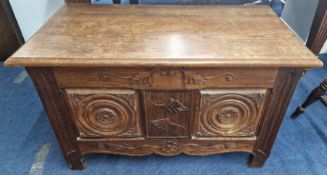 A 19th century oak coffer or chest, carved foliate motif, approx 58cm x 90cm x 46cm.