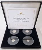 A George V set of four silver Maundy money coins, to include one penny, two pence, three pence,