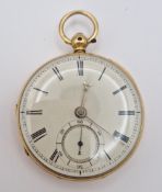 A Victorian 18ct gold pocket watch, Roman enamel dial and Arabic subsidiary dial, total weight
