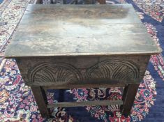 An 18th/19th century Bible box, of carved design, on a frame stand, approx 50cm x 67cm x 51cm.