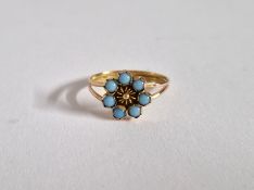 A 14k yellow gold and turquoise stone ring, approx 1.5g (misshaped).