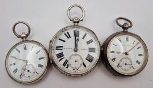 Three silver pocket watches, to include one by 'H.E.Peck, London', and another by 'Samuel Edgcumbe'.
