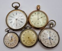 Five pocket watches, to include a silver example, brass piece, and others. (5)
