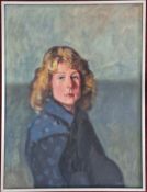 Robert Lenkiewicz (1941-2002), oil on canvas portrait of a woman dressed in blue, signed lower