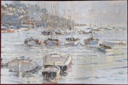 Philip S. Bulson C.B.E RSA (1925-2021), acrylic on board of boats in harbour, signed and dated lower