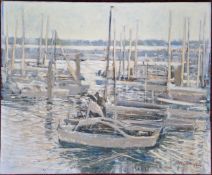 Philip S. Bulson C.B.E RSA (1925-2021), acrylic on board of boats in harbour, signed lower right,