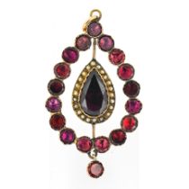 A Georgian pendant set with garnets and pearls, overall length approx 5cm, approx 5.2g.