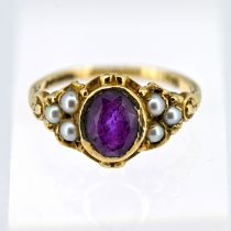 An amethyst and seed pearl set ring, set in 9ct yellow gold, size I/J, approx 2.7g.