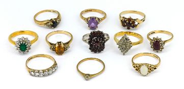 Eight 9ct gold dress rings, approx 16g, together with three costume dress rings.