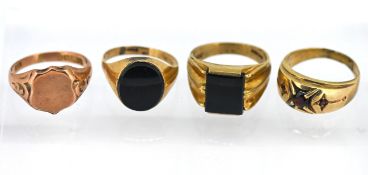 Four gents gold rings, set in 9ct gold, total weight approx 21.5g