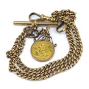 A 9ct gold watch chain with a Edward VII 1906 half sovereign, total weight 39.2g.
