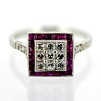 A good ruby and diamond 'square' shape ring, pave set, with 9 x cushion old cut diamonds with ruby
