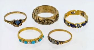 Five various Georgian / Victorian gold rings including a 18ct gold and turquoise and seed pearl