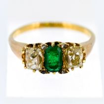 An emerald and diamond three stone ring, circa late Victorian /Edwardian style yellow gold