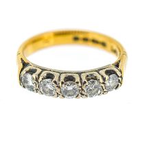 A five stone diamond ring, set in 22ct yellow gold, size L, approx 5.3g.