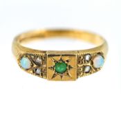 A diamond, emerald and opal ring, set in 9ct yellow gold, size M, approx 2g.