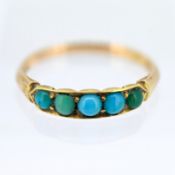 A five stone turquoise ring, set in gold (not hallmarked), size K, approx 1.7g.