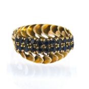 A double row sapphire ring, set in 14k yellow gold, size O/P, approx 5.2g.