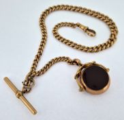 A 9ct rose gold watch chain with a 9ct fob with bloodstone, total weight 49g.