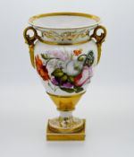 A Swansea style porcelain vase, with painted floral and gilt decoration, height 16cm, hole to base.