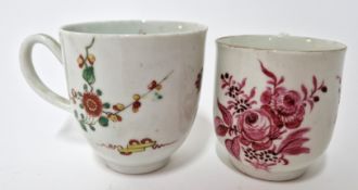 Two early Worcester tea cups, floral motifs. (2)