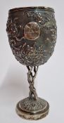A Chinese silver presentation goblet, of foliate form, marked to base 'Shanghai', with inscribed