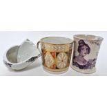 A Derby can with gilt decoration, together with a transferware Victoria commemorative mug, and a