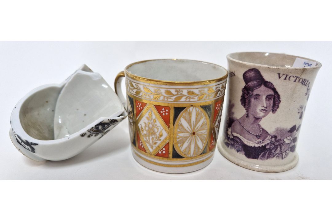 A Derby can with gilt decoration, together with a transferware Victoria commemorative mug, and a - Image 1 of 8