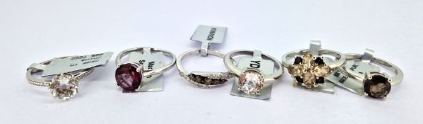 Gemporia, six silver dress rings including smokey quartz, rose Danburite etc, some with