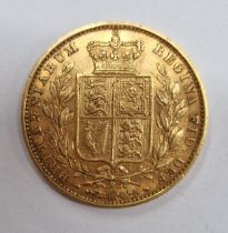 A Victoria full sovereign, shield back, with young head, 1879.