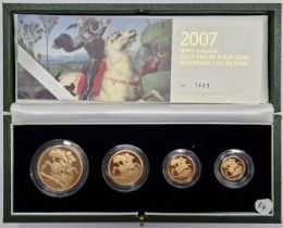 An Elizabeth II gold proof four coin sovereign set, 2007, to include Five Pounds, Double