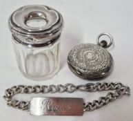 A silver bracelet engraved 'Roger', together with a silver topped glass jar, and silver pocket