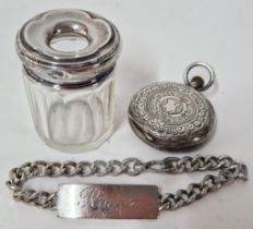 A silver bracelet engraved 'Roger', together with a silver topped glass jar, and silver pocket