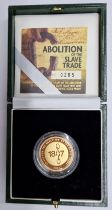 An Elizabeth II limited edition Abolition of the Slave Trade gold proof £2 coin, 2007, Royal Mint,