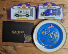 Oxford Die-cast commemorative 60th Anniversary of VE Day model vans, plate, and coin.