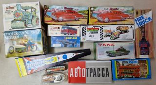A Collection of vintage die cast and tin plate model vehicles, to include MF107 Air Plane, Rocket,