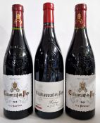 Three bottles of Chateaunneut-du-Pape wine, 2018, 2019, Les Paroisses and Heritage de J.M.
