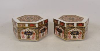 Royal Crown Derby, Two Old Imari 1128 Octagonal Lidded Pots (2)