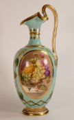 Possibly Derby, a hand painted turquoise ground porcelain ewer. Decorated with fruit still life