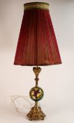 Moorcroft Hibiscus on green ground lamp of unusual form with globular ceramic centre. Ormolu brass