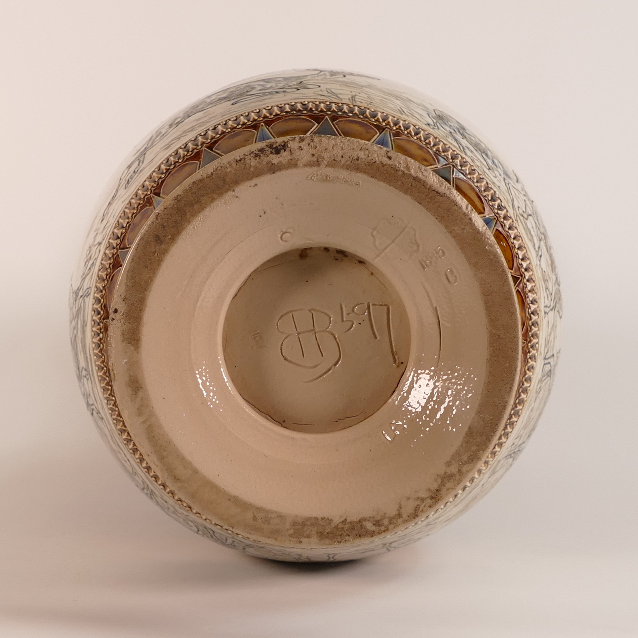 Hannah Barlow for Doulton Lambeth, large twin handled Stoneware vase. Incised Deer scene to - Image 6 of 6