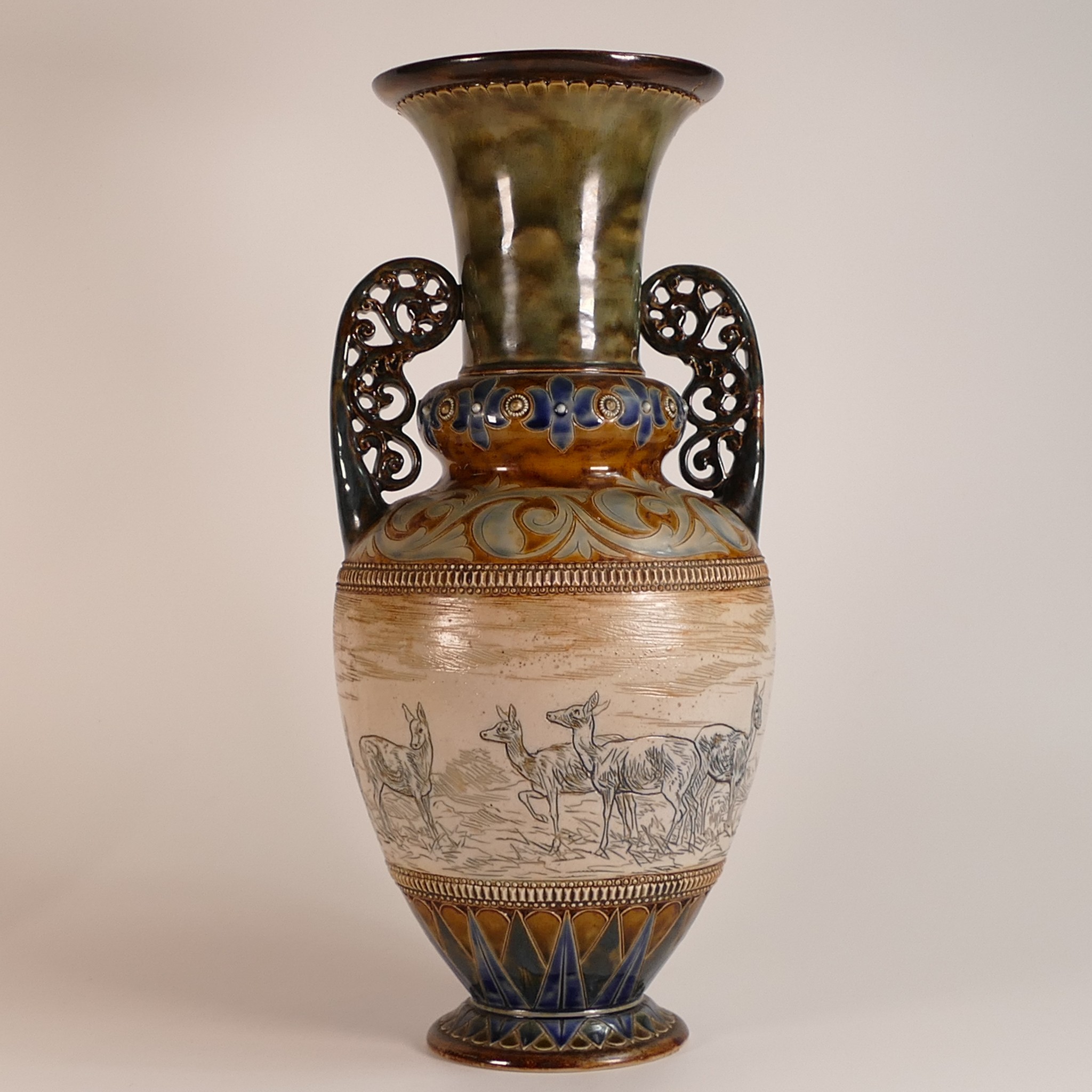 Hannah Barlow for Doulton Lambeth, large twin handled Stoneware vase. Incised Deer scene to