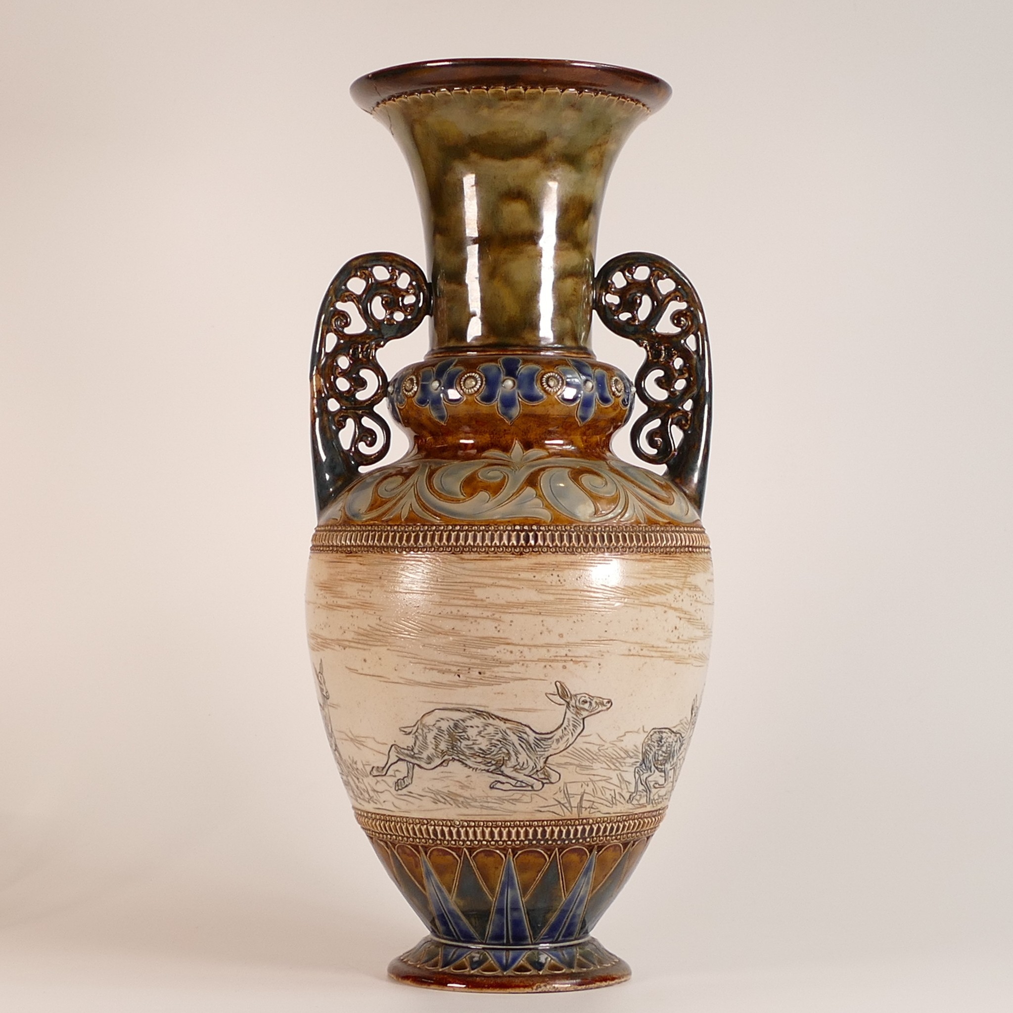 Hannah Barlow for Doulton Lambeth, large twin handled Stoneware vase. Incised Deer scene to - Image 5 of 6