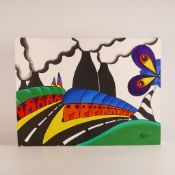 Lorna Bailey, an original painting on canvas, colourful potteries scene of road and bottle Kilns, 30