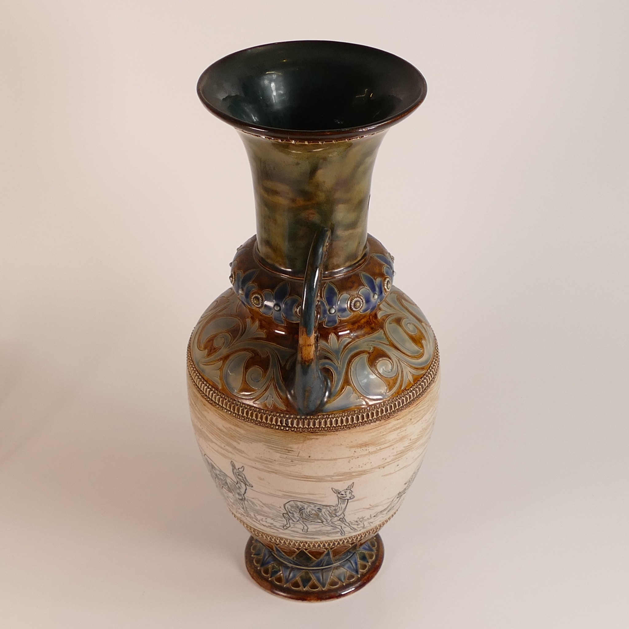 Hannah Barlow for Doulton Lambeth, large twin handled Stoneware vase. Incised Deer scene to - Image 4 of 6