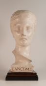 Lancome of Paris, Classical Female Display Bust. 'Lancome' name to base, gilt lettering. On square