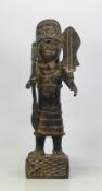 Benin, African Bronze Model of a Warrior on Square Base. Shell Headress holding spear. Height: 39cm